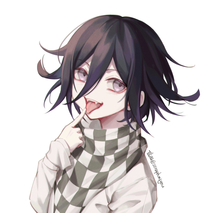 1boy artist_name bangs black_hair checkered checkered_scarf danganronpa_(series) danganronpa_v3:_killing_harmony ewa_(seraphhuiyu) eyebrows_visible_through_hair face fangs finger_to_mouth finger_to_tongue flipped_hair hair_between_eyes hand_up highres jacket long_sleeves looking_at_viewer male_focus open_mouth ouma_kokichi pink_eyes purple_eyes purple_hair scarf short_hair simple_background smile solo straitjacket symbol_commentary teeth tongue tongue_out upper_body white_background white_jacket