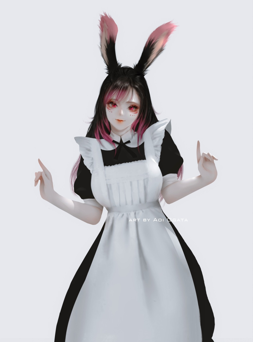 1girl animal_ears aoi_ogata apron artist_name bangs black_dress black_hair bunny_ears clip_studio_paint_(medium) closed_mouth collared_dress commentary commission dress frilled_apron frills grey_background hands_up head_tilt highres light_smile long_hair looking_at_viewer multicolored_hair original pale_skin pink_hair puffy_short_sleeves puffy_sleeves red_eyes red_lips short_sleeves simple_background solo streaked_hair very_long_hair white_apron