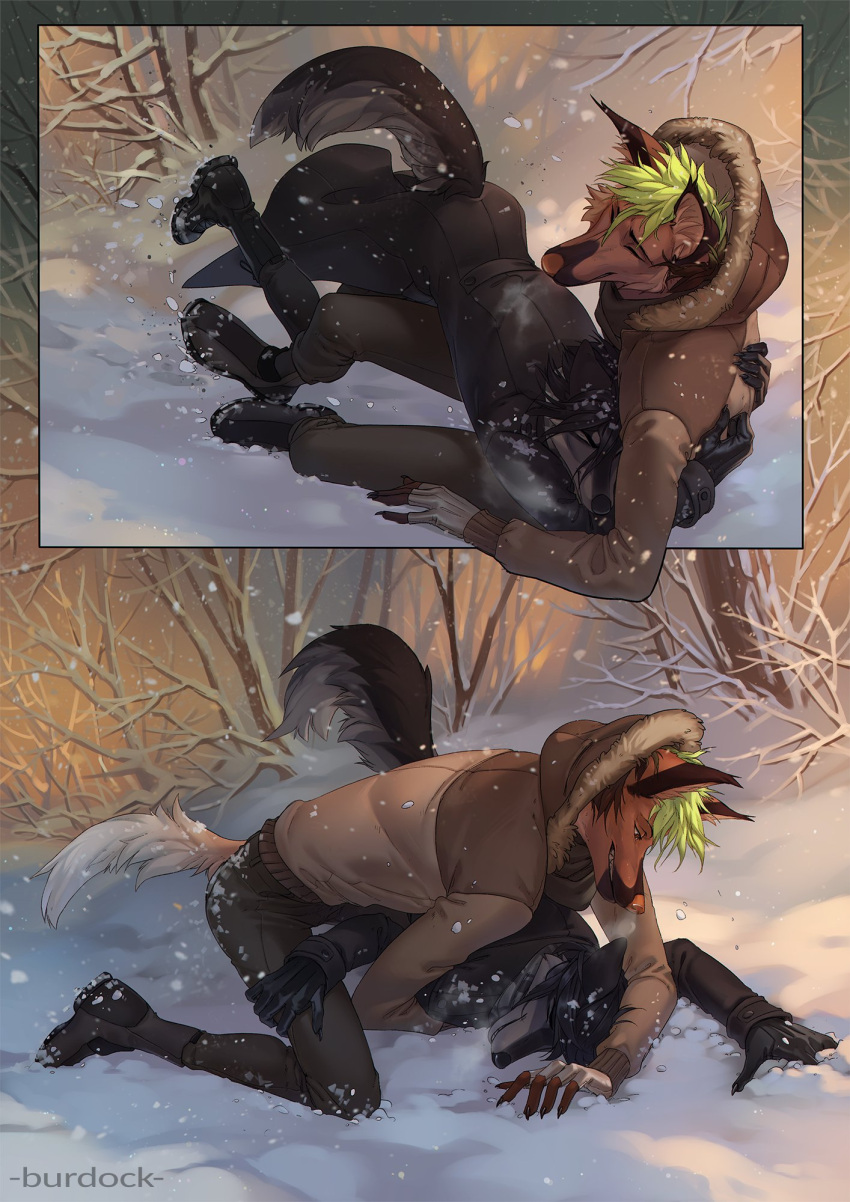 2021 black_hair canid canine clothed clothing detailed_background digital_media_(artwork) forest hair hi_res mammal night orphen-sirius outside plant snow tree