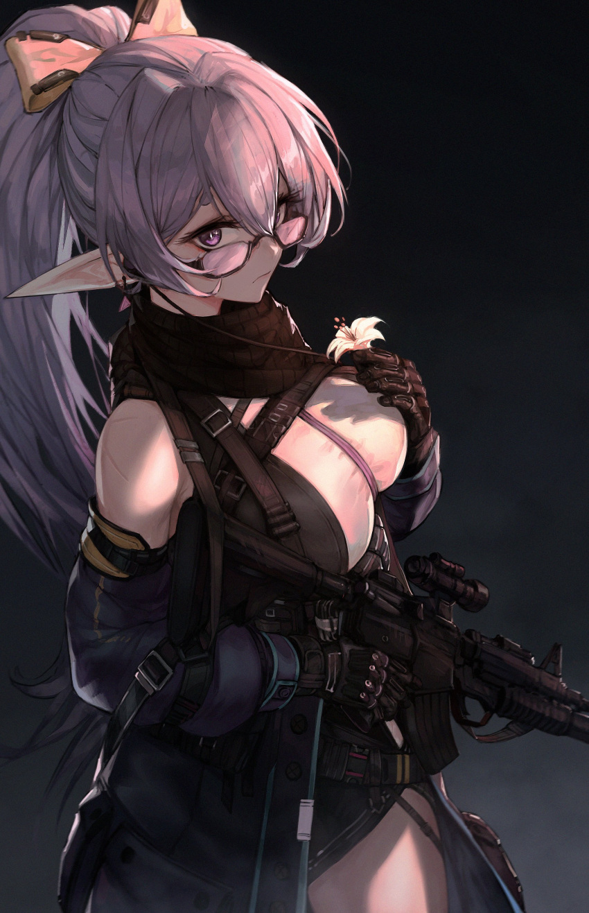 1girl absurdres arknights assault_rifle bangs black_background black_scarf blue_jacket bow breasts elf english_commentary eyebrows_behind_hair flower from_above gun hair_bow highres holding holding_flower holding_gun holding_weapon indie_virtual_youtuber jacket jin_grey_paladin large_breasts long_pointy_ears looking_up off_shoulder orange_bow parody pointy_ears ponytail purple_eyes purple_hair rae_laviere rifle scarf scope solo style_parody virtual_youtuber weapon white_flower