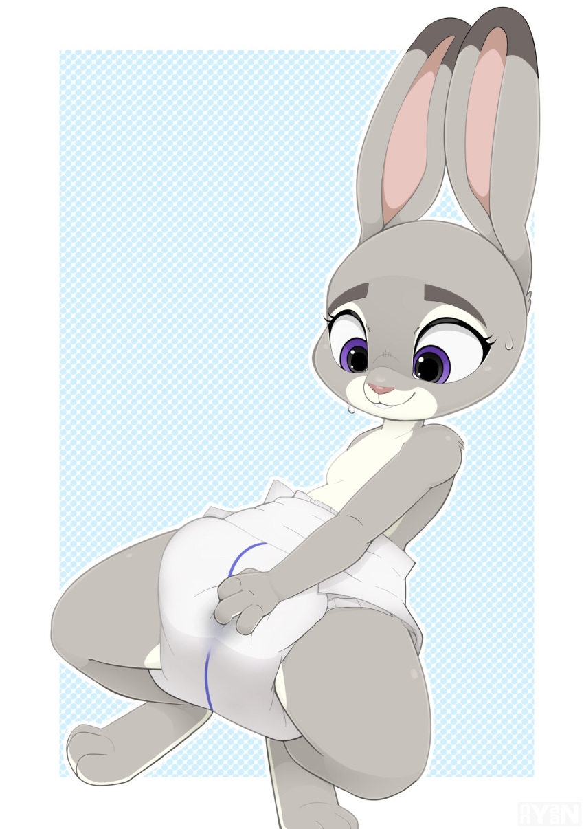 anthro bodily_fluids clothed clothing diaper digitigrade disney female genital_fluids hand_on_diaper hi_res judy_hopps kneeling lagomorph leporid long_ears looking_down mammal nyanyakotarou paws rabbit smile solo sweat topless touching_diaper zootopia