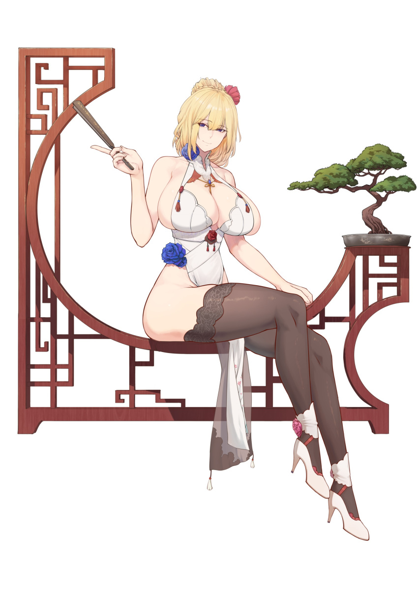 1girl absurdres between_breasts blonde_hair blue_eyes blue_flower bonsai braid braided_ponytail breasts china_dress chinese_clothes cleavage cleavage_cutout clothing_cutout des_moines_(warship_girls_r) dress eyebrows_visible_through_hair flower hair_ornament high_heels highres huge_breasts jiangshi neckwear_between_breasts pelvic_curtain plant potted_plant revealing_clothes side_slit sideboob strap_between_breasts thick_thighs thighhighs thighs tree vase warship_girls_r white_dress xiao_shei..