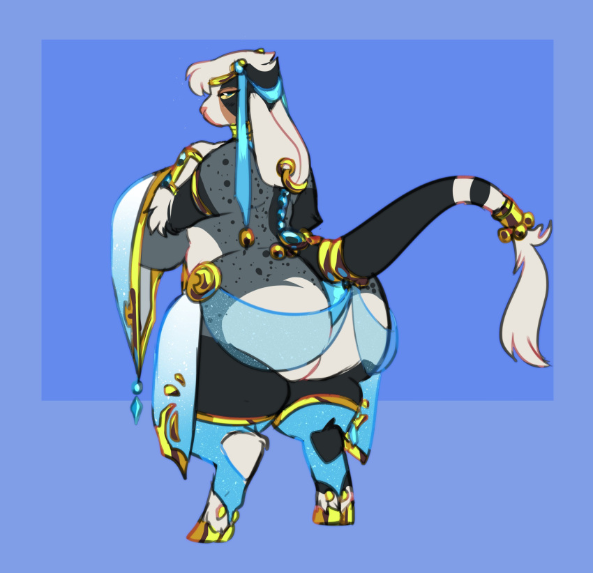 absurd_res anthro armor belly_dancer big_breasts big_butt black_body black_fur blue_background blue_eyes bovid boxgoat boxgoat_(character) bracers breasts butt caprine choker clothed clothing cloven_hooves collar curvy_figure ear_piercing ear_ring female floppy_ears fur furgonomics goat golden_hooves grey_body grey_fur half-closed_eyes harem_outfit headgear headwear hi_res hooves huge_breasts huge_butt jewelry legwear looking_at_viewer looking_back mammal narrowed_eyes necklace piercing short_stack side_boob simple_background skimpy spots stocky tail_jewelry tail_ring thick_thighs thigh_highs translucent translucent_clothing voluptuous white_body white_fur yellow_sclera