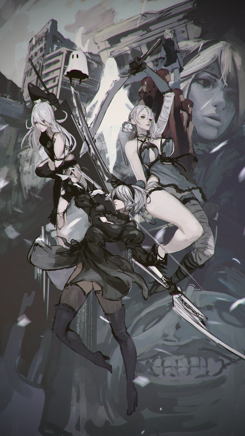 1other 2boys 6+girls absurdres bandaged_arm bandaged_leg bandages bangs black_dress blonde_hair blue_dress blunt_bangs breasts character_request cleavage_cutout clothing_cutout devola dress elbow_gloves emil_(nier) gloves grey_hair hair_rings highres holding holding_sword holding_weapon kaine_(nier) long_hair looking_down looking_up mama_(nier) medium_breasts multiple_boys multiple_girls nier_(series) nier_(young) nier_automata nier_reincarnation popola red_hair sonech sword weapon white_girl yorha_no._2_type_b yorha_type_a_no._2