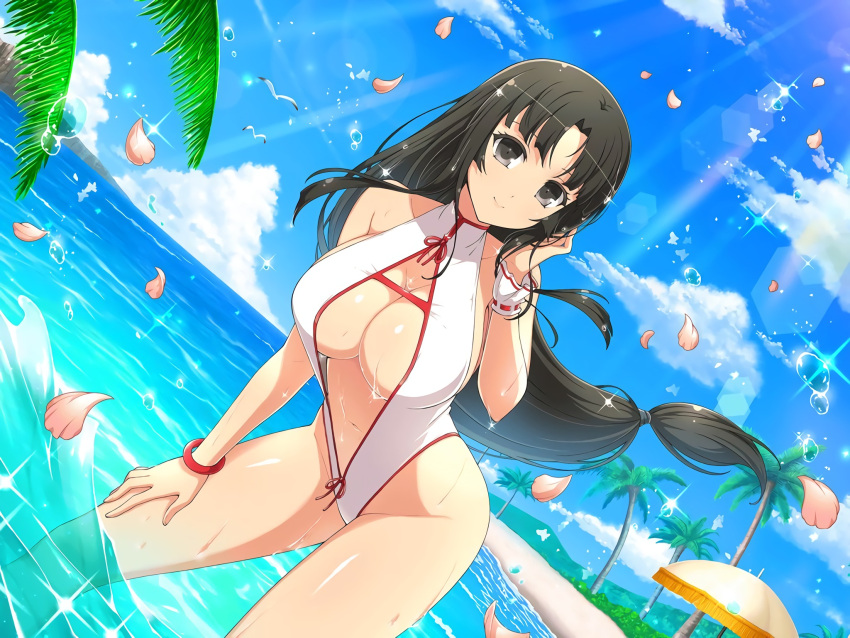 1girl armpits bare_shoulders beach beach_umbrella bird black_hair blue_sky bracelet breasts brown_eyes center_opening cleavage cloud hand_in_hair hand_on_leg highres hime_cut jewelry large_breasts long_hair looking_at_viewer low-tied_long_hair mountain navel ocean official_art one-piece_swimsuit palm_tree petals queen's_blade seagull senran_kagura senran_kagura_new_link sky smile swimsuit tomoe tree umbrella water water_drop wet