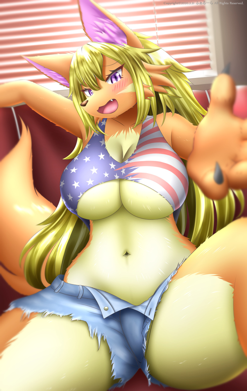 2021 5_fingers absurd_res anthro big_breasts blinds blonde_hair blush bottomwear breasts brown_nose canid canine cheek_tuft claws cleavage clothed clothing cute_fangs cutoffs denim denim_clothing facial_tuft faroula_twitt female fingers fluffy fox fur hair hi_res huge_breasts inner_ear_fluff inside kemono long_hair mammal multicolored_body multicolored_fur navel open_mouth open_smile orange_body orange_fur pink_body pink_eyes pink_fur pupils shirt shorts signature sitting slit_pupils smile solo spread_legs spreading stars_and_stripes tank_top tongue topwear torn_clothing tuft unbuttoned under_boob united_states_of_america watermark yellow_body yellow_fur