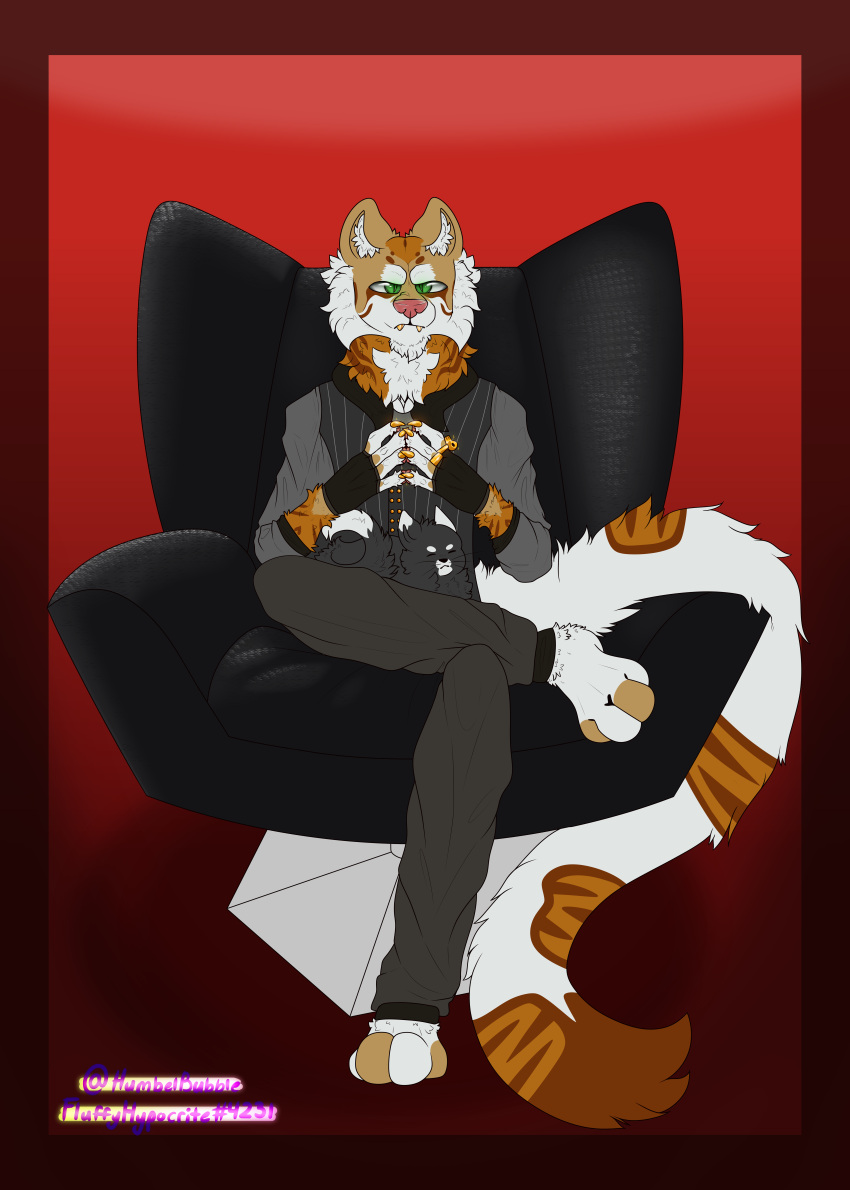 absurd_res anthro armchair athletic athletic_anthro athletic_male black_clothing boss bottomwear chair clothing crossed_legs evil_face felid feline fingerless_gloves fur furniture gloves gold_(metal) gold_claws gold_fangs gold_jewelry gradient_background grey_clothing handwear hi_res humbelbubble jewelry looking_at_viewer mafia male mammal orange_body orange_eyes orange_fur pantherine pants paws pink_nose simple_background sitting solo stripes tiger topwear vest vladimir_o'howl watermark white_body white_fur