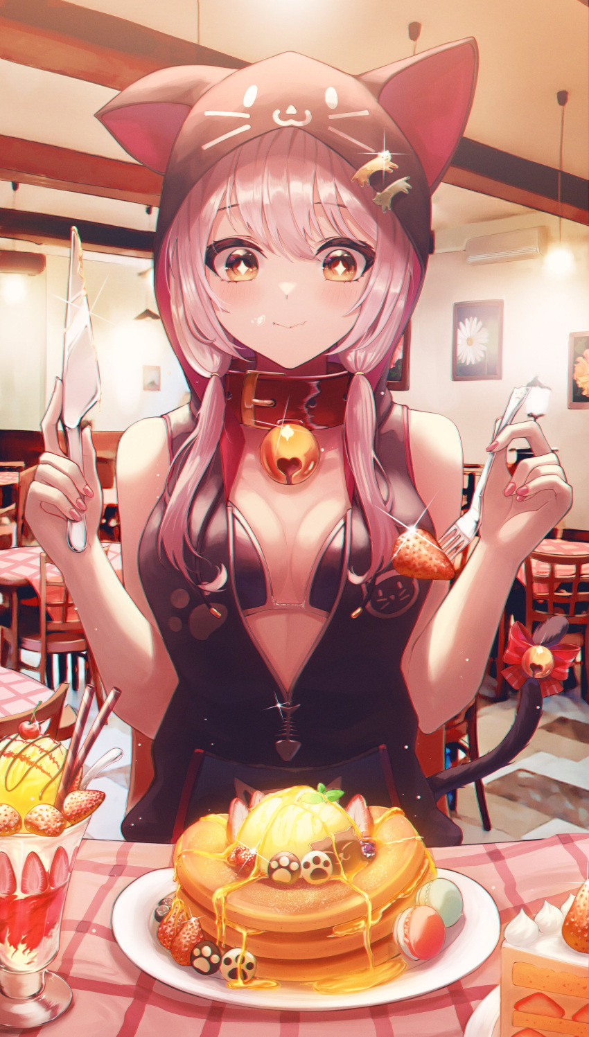 +_+ 1girl :&gt; absurdres animal_hood bare_shoulders bell bell_collar bexercube black_dress breasts cake cake_slice cat_tail cleavage closed_mouth collar dress eyebrows_visible_through_hair fish_bone food fork fruit glint highres holding holding_fork holding_knife hood indoors jingle_bell knife light_blush long_hair low_twintails original painting_(object) pancake parfait pink_hair plaid red_collar sitting small_breasts smile solo strawberry table tail twintails unzipped upper_body