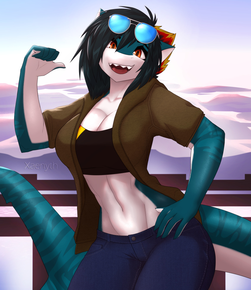 2021 absurd_res anthro black_hair breasts day detailed_background digital_media_(artwork) female fish hair hi_res marine midriff navel non-mammal_breasts open_mouth orange_eyes outside shark sky smile solo teeth tongue xaenyth
