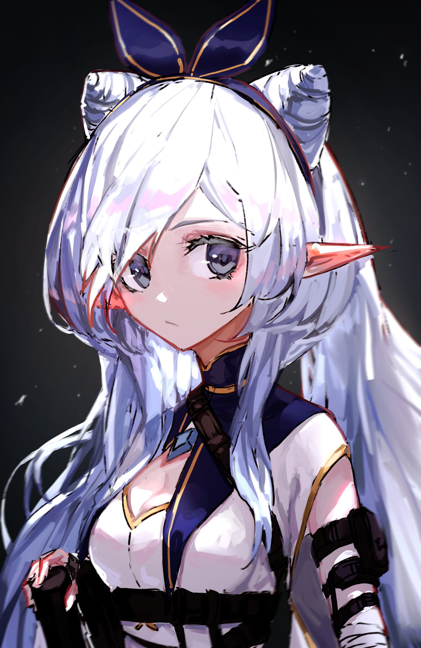 1girl absurdres arm_strap black_eyes blue_bow bow breasts cleavage cleavage_cutout clothing_cutout double_bun elf english_commentary eyebrows_behind_hair hair_bow highres indie_virtual_youtuber jin_grey_paladin looking_to_the_side medium_breasts pointy_ears silver_hair solo upper_body virtual_youtuber yakitsuki_(vtuber)