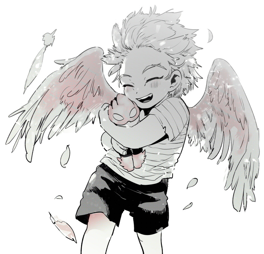 1boy ^_^ ^o^ boku_no_hero_academia character_doll closed_eyes commentary_request feathered_wings feathers forehead greyscale hawks_(boku_no_hero_academia) highres monochrome object_hug shirt short_sleeves shorts solo spot_color striped striped_shirt stuffed_toy t-shirt todoroki_enji torn_clothes upper_teeth wings yokoyari_mengo younger