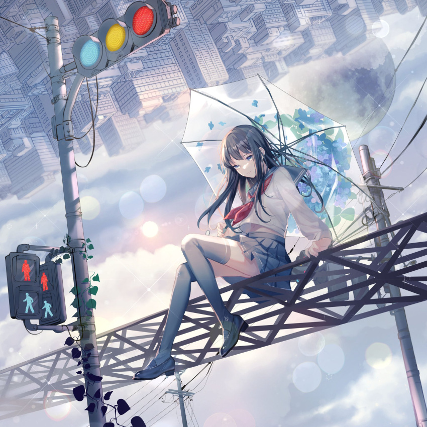 1girl aono_99 black_footwear blue_eyes blue_legwear blue_sailor_collar blue_skirt brown_hair city cloud cloudy_sky floral_print highres holding holding_umbrella ivy lens_flare long_sleeves moon necktie original overgrown pleated_skirt power_lines railroad_crossing red_neckwear sailor_collar school_uniform serafuku shirt shoes skirt sky skyline sun thighhighs traffic_light umbrella upside-down utility_pole white_shirt zettai_ryouiki