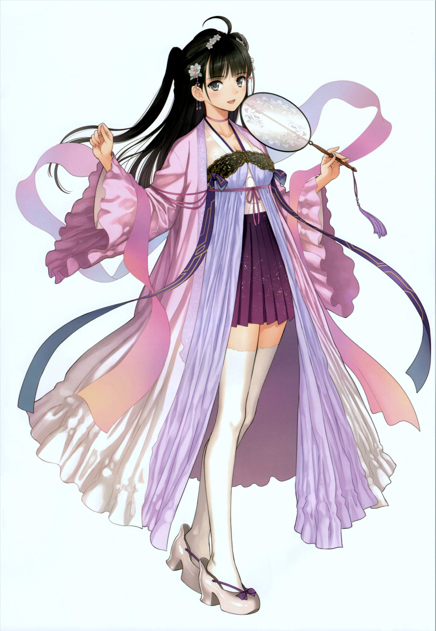 1girl absurdres ahoge bangs black_eyes black_hair blush bow breasts choker collarbone fan fingernails full_body hair_ornament highres holding japanese_clothes long_hair long_sleeves looking_at_viewer medium_breasts open_mouth original pleated_skirt scan simple_background skirt smile solo standing thighhighs tony_taka white_background white_footwear white_legwear wide_sleeves zettai_ryouiki