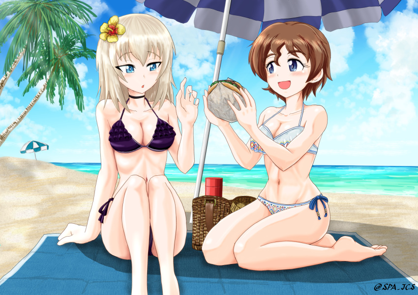 2girls :o akaboshi_koume barefoot basket beach beach_towel beach_umbrella bikini black_bikini black_choker blue_eyes blue_sky breasts brown_hair choker cleavage cloud cloudy_sky eyebrows_visible_through_hair flower food frilled_bikini frills girls_und_panzer giving hair_flower hair_ornament hamburger highres holding holding_food horizon itsumi_erika looking_at_another medium_hair multiple_girls navel nspa_(spa-jcs) ocean open_mouth palm_tree print_bikini short_hair side-tie_bikini silver_hair sitting sky smile swimsuit towel tree twitter_username umbrella wariza white_bikini yellow_flower