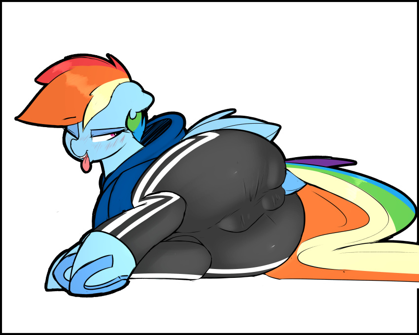 2021 absurd_res anus_outline blush butt clothed clothed_feral clothing dock equid equine female feral friendship_is_magic hasbro hi_res hooves mammal multicolored_tail my_little_pony one_eye_closed pegasus rainbow_dash_(mlp) rainbow_tail simple_background solo tongue tongue_out underhoof welost white_background wings