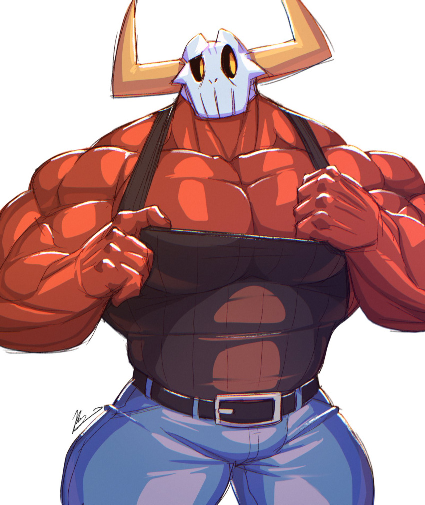 belt biceps big_muscles big_pecs black_clothing black_sclera blue_clothing bottomwear breasts cleavage clothed clothing demon demon_humanoid denim denim_clothing flammars hi_res huge_muscles humanoid jeans male muscular pants pecs piesac red_body shirt simple_background solo tank_top thick_neck tight_clothing topwear white_background yellow_eyes yongdasom