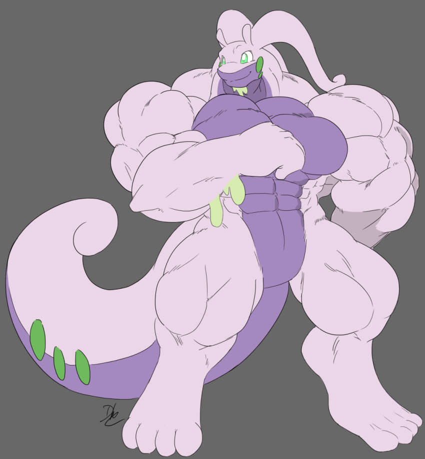 2019 4_toes abs anthro biceps big_muscles cheek_spots colored curled_tail digitigrade dischimera feet goodra green_eyes green_markings hi_res huge_muscles huge_pecs looking_away male markings multicolored_body muscular muscular_arms muscular_legs muscular_male nintendo pok&eacute;mon pok&eacute;mon_(species) purple_body purple_scales scales shaded signature simple_background simple_shading slime small_head smile solo thick_tail toes two_tone_body video_games