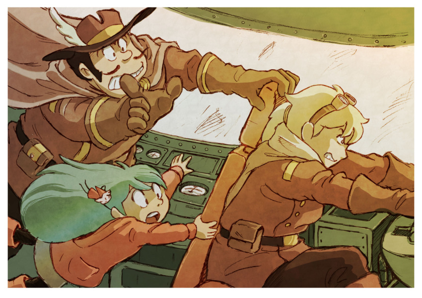 2boys 2girls absurdres aircraft alfur_(hilda) belt black_hair black_legwear blue_hair boots brown_gloves brown_pants cape clenched_teeth dirigible erik_ahlberg facial_hair floating gerda_gustav gloves goggles goggles_on_head hasp hat hat_feather highres hilda_(hilda) hilda_(series) jacket long_hair miyazaki_hayao_(style) multiple_boys multiple_girls mustache pants ponytail pouch red_footwear red_jacket retro_artstyle sideburns sitting skirt teeth white_hair