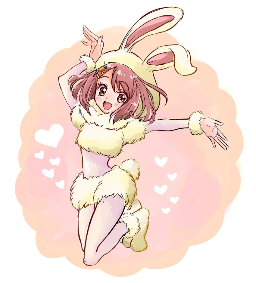 1girl :d animal_costume animal_ears animal_hood arm_up blunt_ends blush bunny_costume bunny_ears bunny_hood bunny_tail carrot_hair_ornament commentary_request cosplay crop_top food_themed_hair_ornament full_body fur_(clothing) hair_ornament hairclip hanadera_nodoka healin'_good_precure heart highres hood jumping legs_up looking_at_viewer midriff multicolored multicolored_background no_navel open_mouth orange_background outstretched_arm paw_shoes pink_background pre221b precure red_eyes shoes short_hair short_sleeves shorts smile solo tail white_background wrist_cuffs yes!_precure_5 yumehara_nozomi yumehara_nozomi_(cosplay)