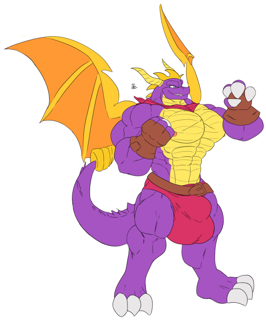 2021 3_toes abs activision aged_up anthro bandanna belt big_bulge big_claws big_muscles bulge claws clothing colored dischimera dragon drill_tail feet gloves handwear hi_res horn huge_bulge huge_muscles huge_pecs kerchief male muscular muscular_arms muscular_thighs nipples purple_body purple_scales scales signature simple_background solo spines spyro spyro_the_dragon toes underwear video_games wings