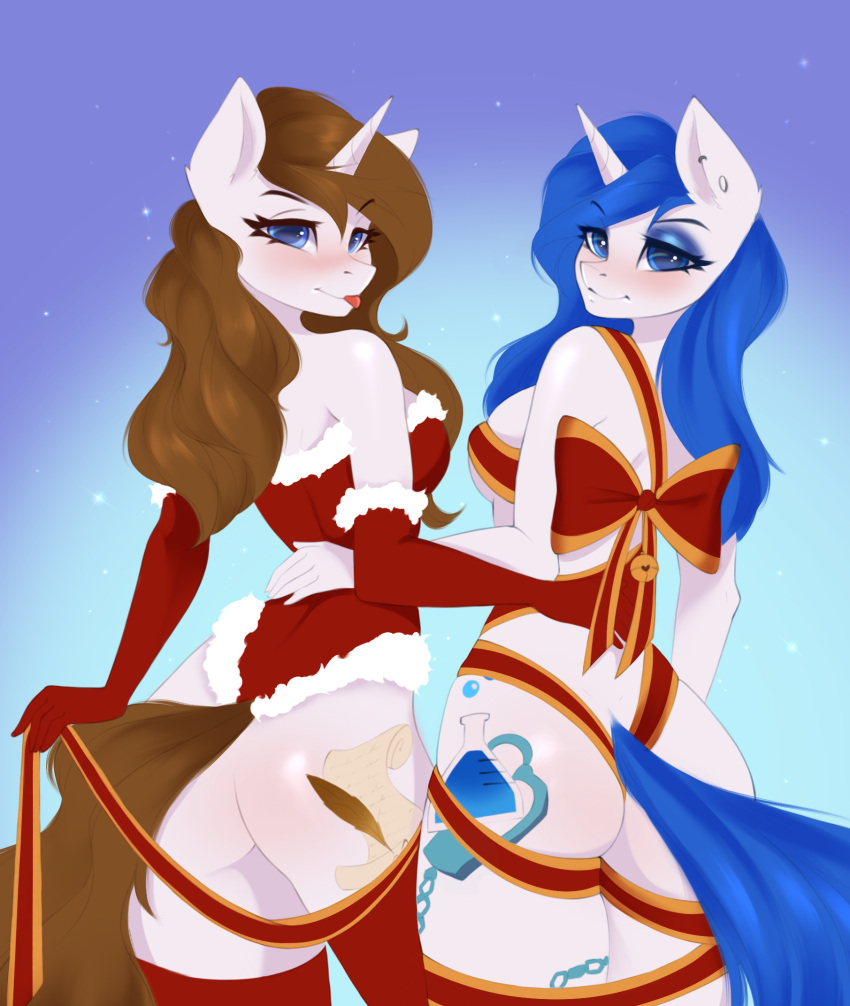 anthro biped blue_hair blue_tail blush brown_hair brown_tail butt christmas christmas_clothing clothing cutie_mark duo equid equine female fur hair hasbro hi_res holidays horn horse legwear mammal my_little_pony pony ribbons tongue tongue_out u_lu_lu unicorn white_body white_fur