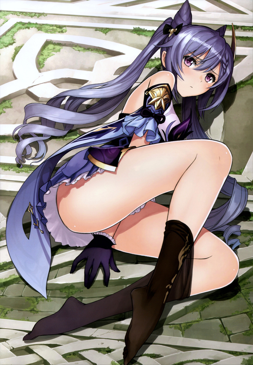 1girl absurdres ass bangs bare_shoulders blush breasts brown_legwear closed_mouth dress eyebrows_visible_through_hair frilled_gloves frills genshin_impact gloves hair_ornament highres keqing_(genshin_impact) legs long_hair looking_at_viewer lying medium_breasts on_side pantyhose pantyhose_pull purple_dress purple_eyes purple_gloves purple_hair scan shiny shiny_hair shiny_skin short_dress simple_background sleeveless thighs tied_hair tony_taka twintails white_background