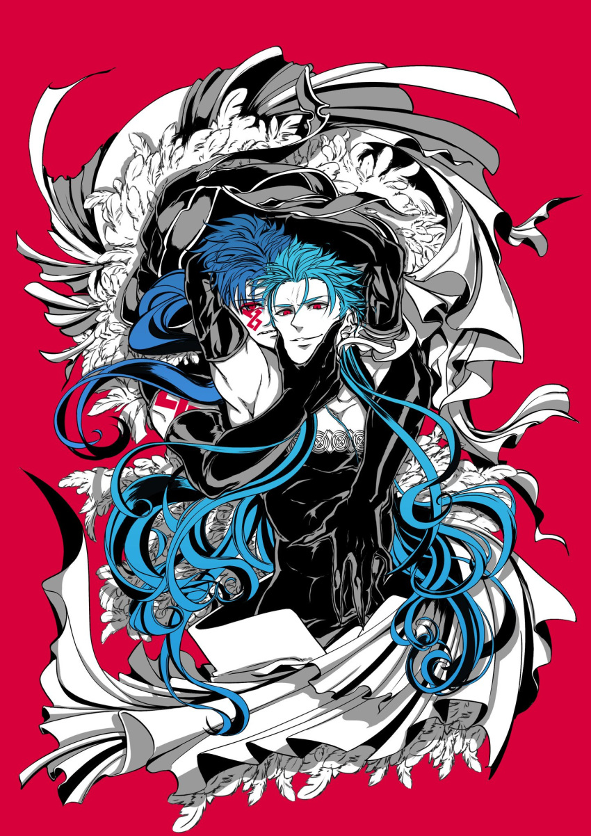 2boys arms_behind_head arms_up betushio blue_hair bodypaint claws cu_chulainn_(fate)_(all) cu_chulainn_(fate/grand_order) cu_chulainn_alter_(fate/grand_order) dark_persona elbow_gloves facepaint fate/grand_order fate_(series) feathers floating_hair gloves grin hand_on_another's_face highres long_hair looking_at_viewer male_focus multiple_boys muscular muscular_male red_eyes sharp_teeth skin_tight smile teeth touching_another's_abs yaoi