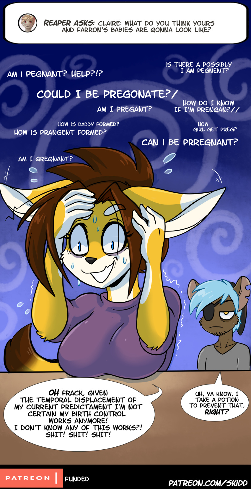 absurd_res anthro ask_blog bodily_fluids canid canine claire_o'conell comic duo english_text farron_jacques female fennec fox hi_res humor male male/female mammal murid murine phuufy pregnant rat rodent silly sweat text uberquest url webcomic worried