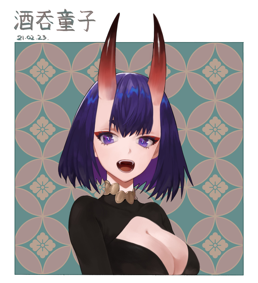 1girl absurdres bangs bisque black_bodysuit blush bob_cut bodysuit breasts cleavage cleavage_cutout clothing_cutout dated eyeliner fangs fate/grand_order fate_(series) highres horns jewelry large_breasts long_sleeves looking_at_viewer makeup neck_ring oni oni_horns open_mouth purple_eyes purple_hair short_hair shuten_douji_(fate) skin-covered_horns translated