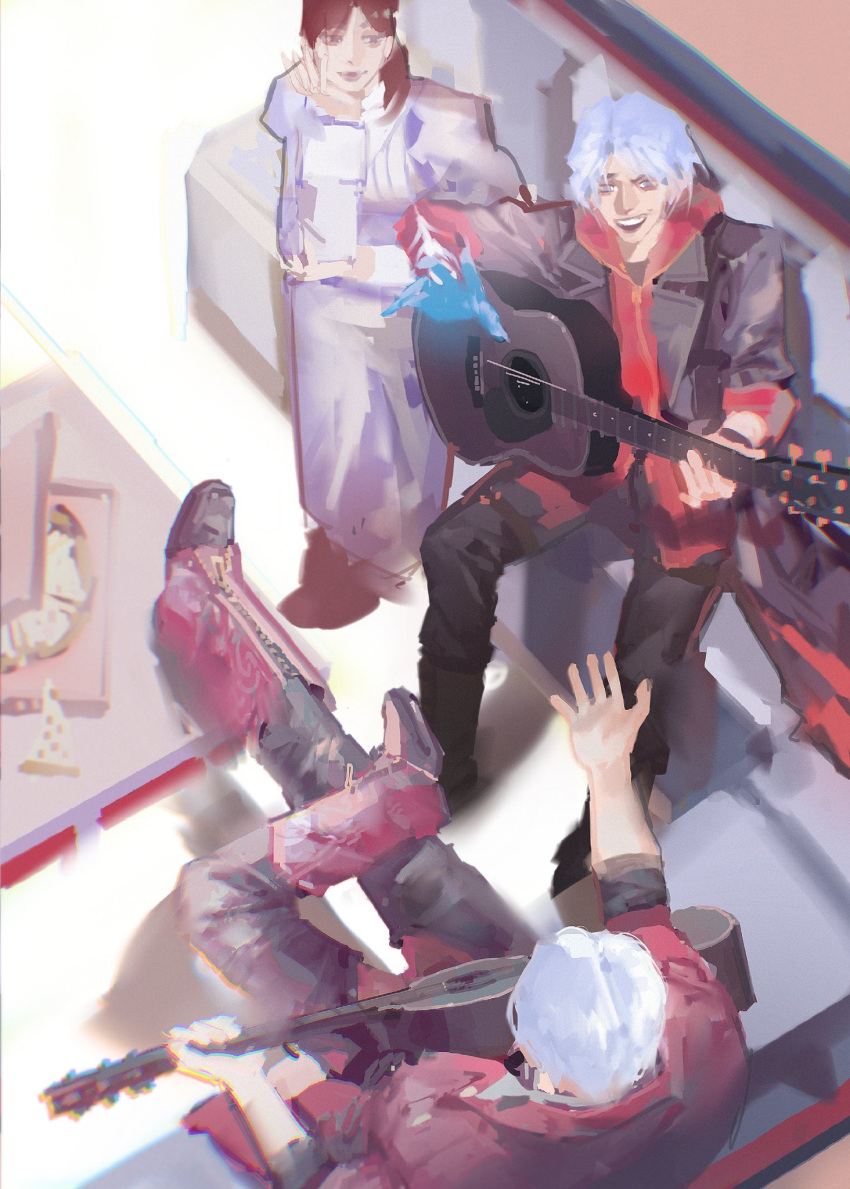 1girl 2boys black_coat blue_eyes brown_footwear brown_hair chromatic_aberration coat dante_(devil_may_cry) devil_may_cry devil_may_cry_4 dress feet_on_table food highres holding holding_instrument hood hoodie instrument kyrie light_blue_eyes long_hair looking_at_another marina_verloksaeva multiple_boys nero_(devil_may_cry) open_clothes open_coat open_mouth pizza pizza_box sitting sketch sleeves_rolled_up smile table teeth textless white_dress white_hair zipper zipper_pull_tab