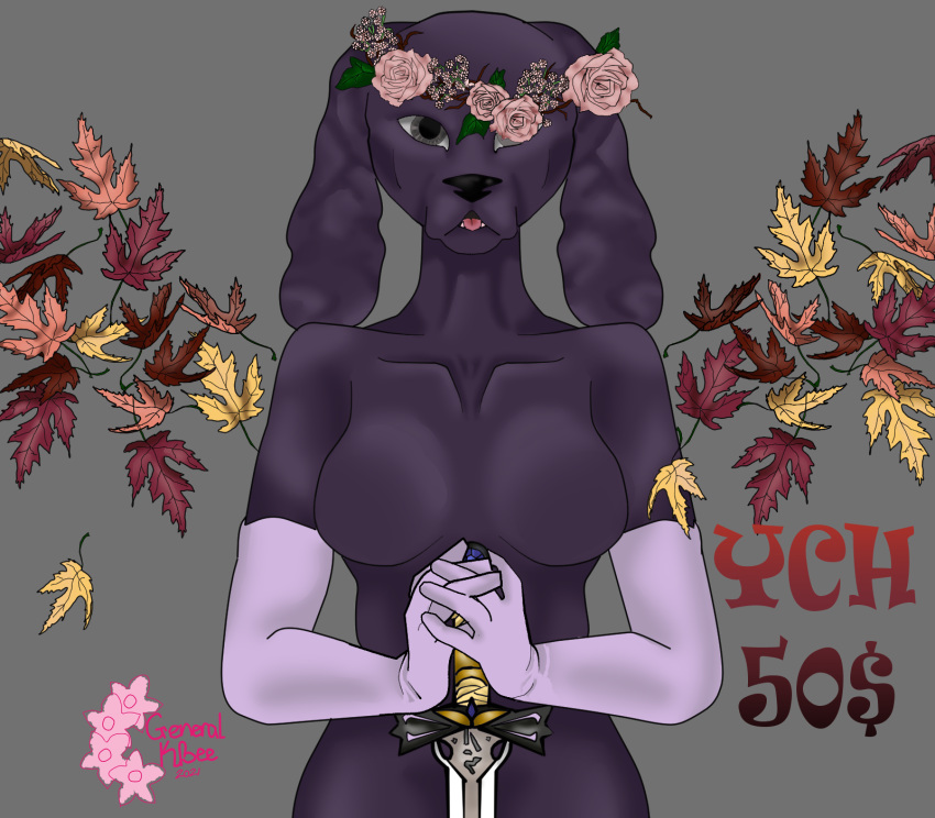 anthro autumn bird_dog canid canine canis clothing cocker_spaniel domestic_dog female flower flower_crown generalkbee gloves handwear hi_res humanoid hunting_dog leaf mammal melee_weapon plant rose_(flower) solo spaniel sword weapon wings ych_(character)