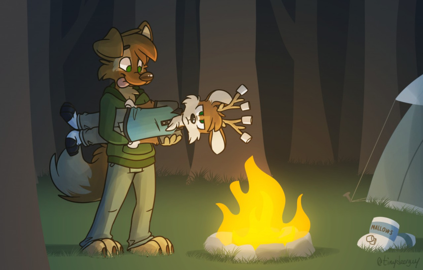 annoyed anthro barefoot campfire candy canid canine canis cervid clothing cooking darwin_(tinydeerguy) dessert domestic_dog duo fire food footwear forest green_clothing green_jacket green_topwear hoodie jacket male mammal marshmallow matt_riskely night plant socks tent tinydeerguy tongue tongue_out topwear tree white_clothing white_footwear white_socks