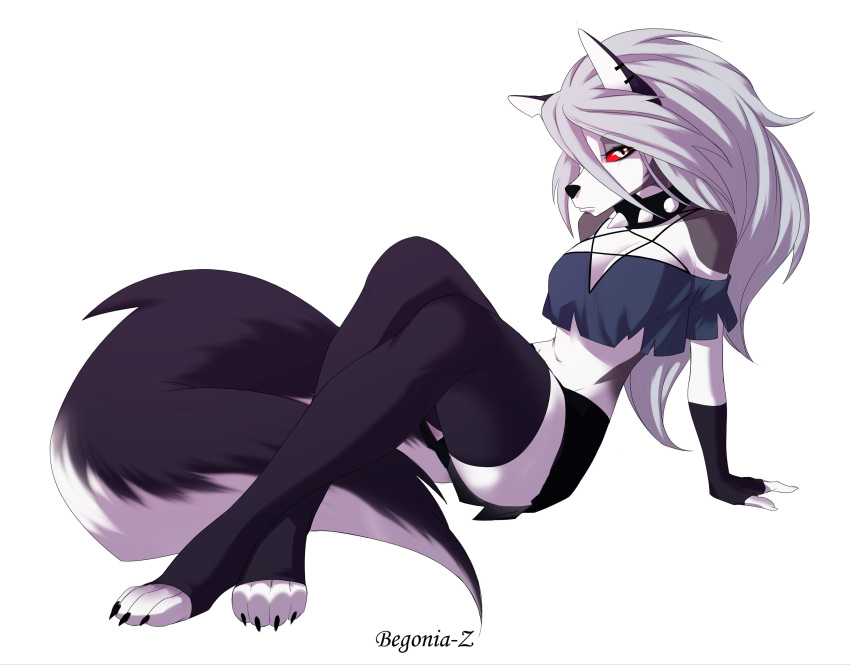 2021 4_toes absurd_res anthro begonia_z black_nose breasts canid canid_demon canine demon digital_media_(artwork) eyebrows eyelashes feet female fingers grey_hair hair hellhound helluva_boss hi_res loona_(vivzmind) mammal red_eyes simple_background solo toes white_background