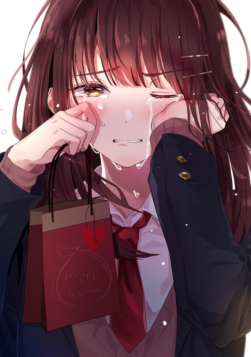 1girl bag bangs blazer blush brown_hair clenched_teeth collared_shirt crying crying_with_eyes_open eyebrows_visible_through_hair gift gift_bag hair_ornament hairclip heart highres holding holding_bag holding_gift jacket long_hair long_sleeves looking_at_viewer necktie one_eye_closed original parted_lips red_neckwear sakura_(39ra) school_uniform shirt solo tears teeth upper_body valentine white_shirt wiping_tears yellow_eyes