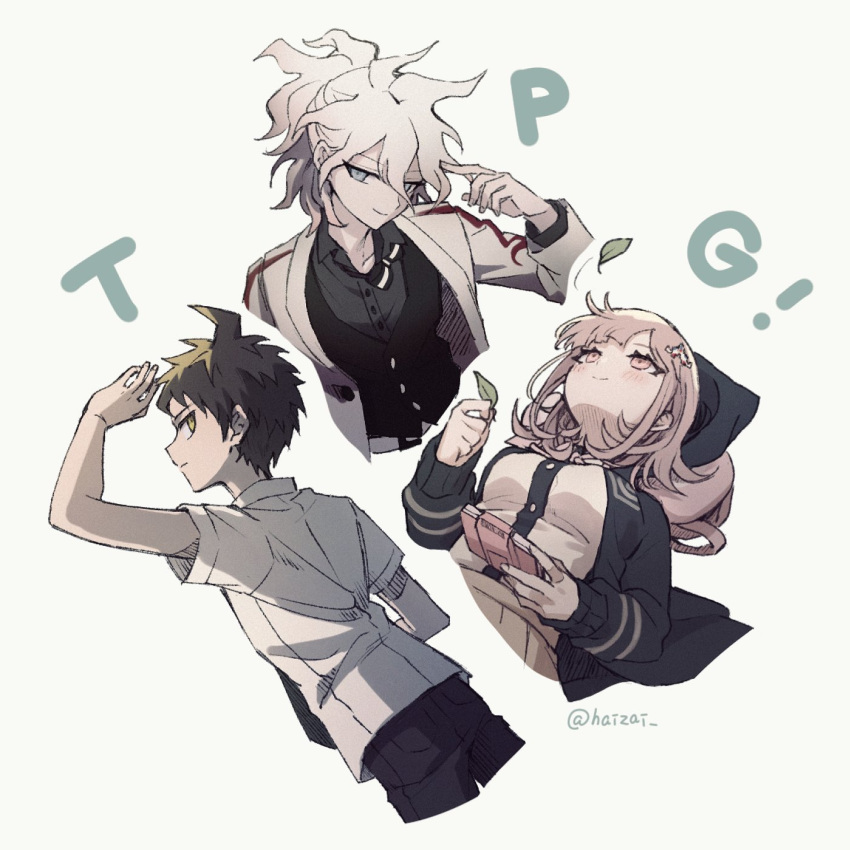 1girl 2boys ahoge alternate_hairstyle arm_up artist_name backpack bag black_shirt blush collared_shirt cropped_legs cropped_torso danganronpa_(series) danganronpa_10th_anniversary_costume danganronpa_2:_goodbye_despair dress_shirt eyebrows_visible_through_hair flipped_hair green_eyes grey_hair grey_jacket hair_ornament hairclip hand_up highres hinata_hajime holding holding_leaf hood hood_down hoodie jacket komaeda_nagito leaf looking_at_viewer multiple_boys nanami_chiaki neck_ribbon official_alternate_costume pants pink_ribbon pleated_skirt ribbon shirt shirt_tucked_in short_hair skirt smile takagiri two-tone_shirt vest white_shirt