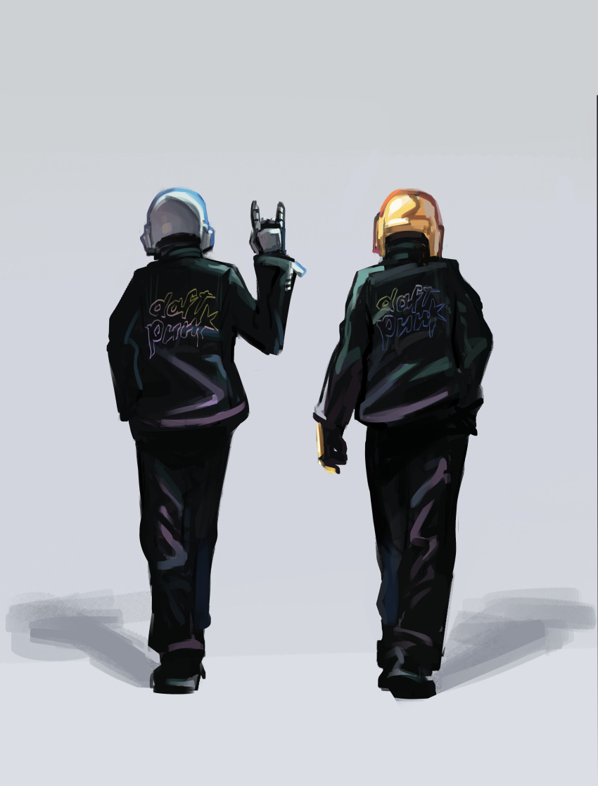 2boys \n/ absurdres black_pants copyright_name daft_punk from_behind guy-manuel_de_homem-christo hand_up helmet highres jacket leather leather_jacket multiple_boys pants piku184 shadow simple_background symbolism thomas_bangalter walking walking_away white_background