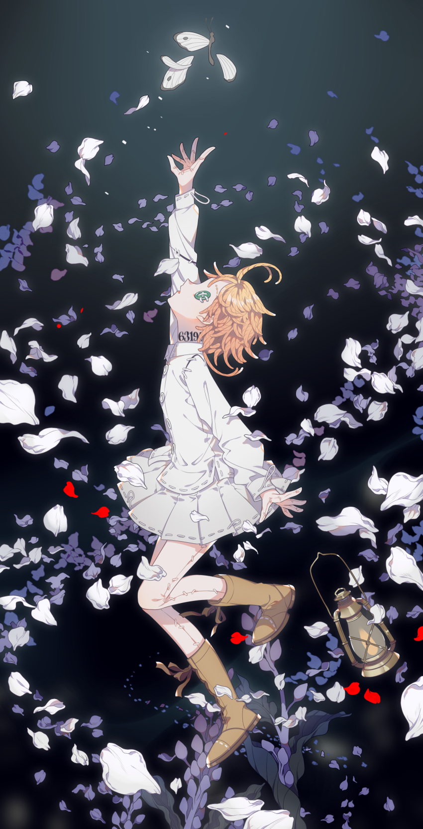 1girl absurdres ahoge arm_up bare_legs black_background boots brown_footwear bug butterfly button_eyes commentary_request emma_(yakusoku_no_neverland) full_body green_eyes highres identity_v insect lantern long_sleeves looking_up neck_tattoo parted_lips petals profile reaching shikimi_(yurakuru) shirt short_hair simple_background skirt solo stitches tattoo white_shirt white_skirt yakusoku_no_neverland yarn