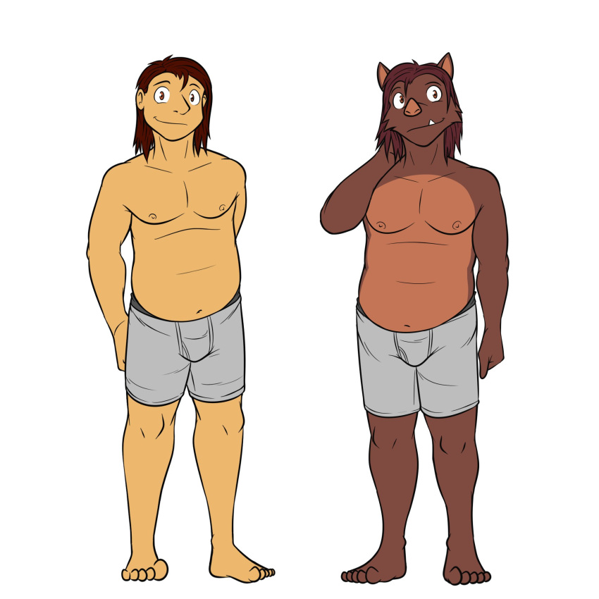 alternate_species anthro boxer_briefs clothed clothing duo fuze hi_res human humanized jorge_san_nicolas male mammal navel nipples simple_background slightly_chubby suid suina sus_(pig) texnatsu topless underwear underwear_only white_background wild_boar