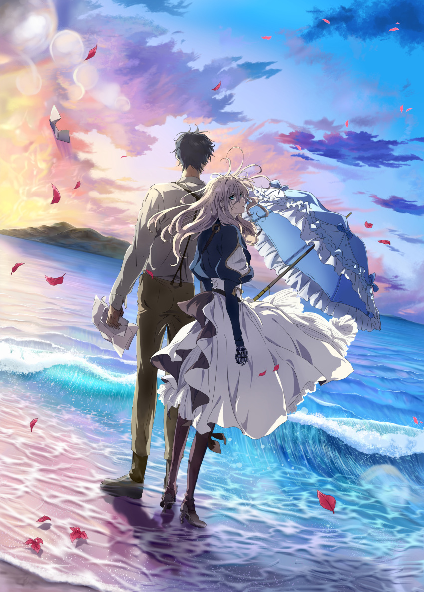 1boy 1girl absurdres anime_coloring bangs beach blonde_hair blue_eyes blue_jacket blue_sky blue_umbrella boots brown_footwear brown_pants cloud cloudy_sky collared_shirt commentary_request dark_blue_hair derivative_work dress envelope evening eyebrows_visible_through_hair from_behind full_body gilbert_bougainvillea hair_between_eyes high_heels highres holding holding_envelope holding_letter holding_paper holding_umbrella jacket leaf letter long_hair long_sleeves looking_at_viewer looking_back messy_hair no_gloves ocean outdoors pants paper parted_lips prosthesis prosthetic_arm puffy_long_sleeves puffy_sleeves shirt sidelocks sky standing suspenders umbrella violet_evergarden violet_evergarden_(character) water waves waving white_dress white_shirt wide_shot wind yuuri-622