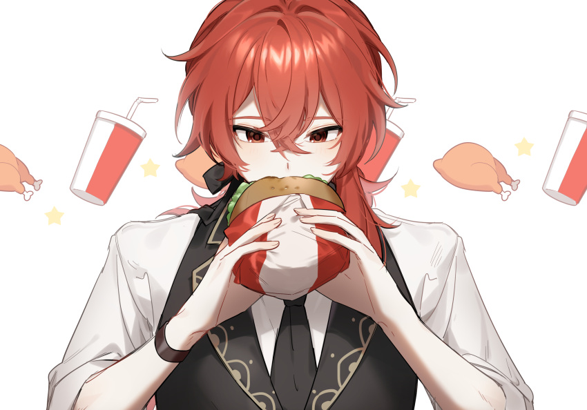 1boy bangs blush covered_mouth cup diluc_(genshin_impact) disposable_cup drinking_straw eating food genshin_impact hair_between_eyes hair_ribbon hamburger highres holding holding_food kkopoli lettuce long_hair looking_at_viewer male_focus necktie red_eyes red_hair ribbon simple_background sleeves_rolled_up solo star_(symbol) turkey_(food) wrapper