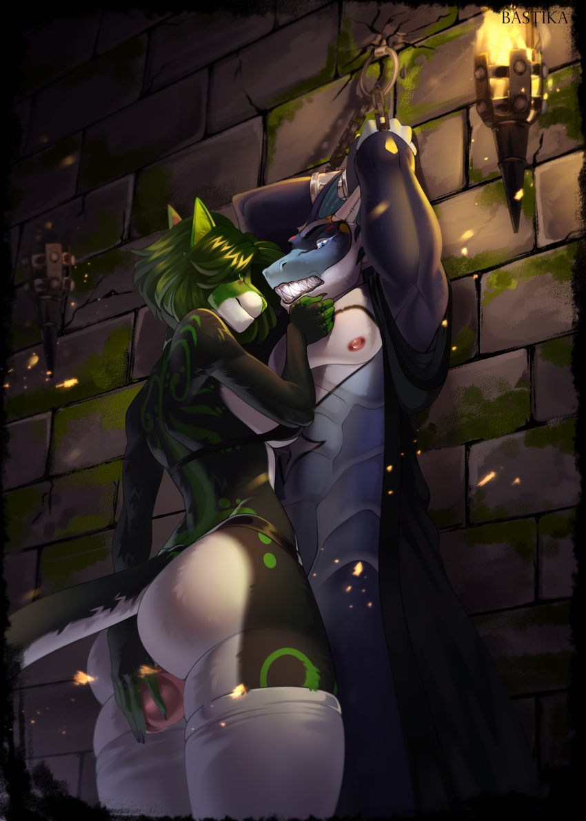 2021 5_fingers absurd_res anthro bastika blue_eyes breasts clothed clothing digital_media_(artwork) dragon duo female fingers green_hair green_nose hair hi_res male male/female smile spines standing teeth wingless_dragon