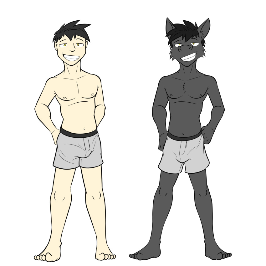 alternate_species anthro boxers_(clothing) chiropteran clothed clothing duo fuze hands_on_hips hi_res human humanized kenta_yamashita male mammal navel nipples simple_background texnatsu topless underwear underwear_only white_background