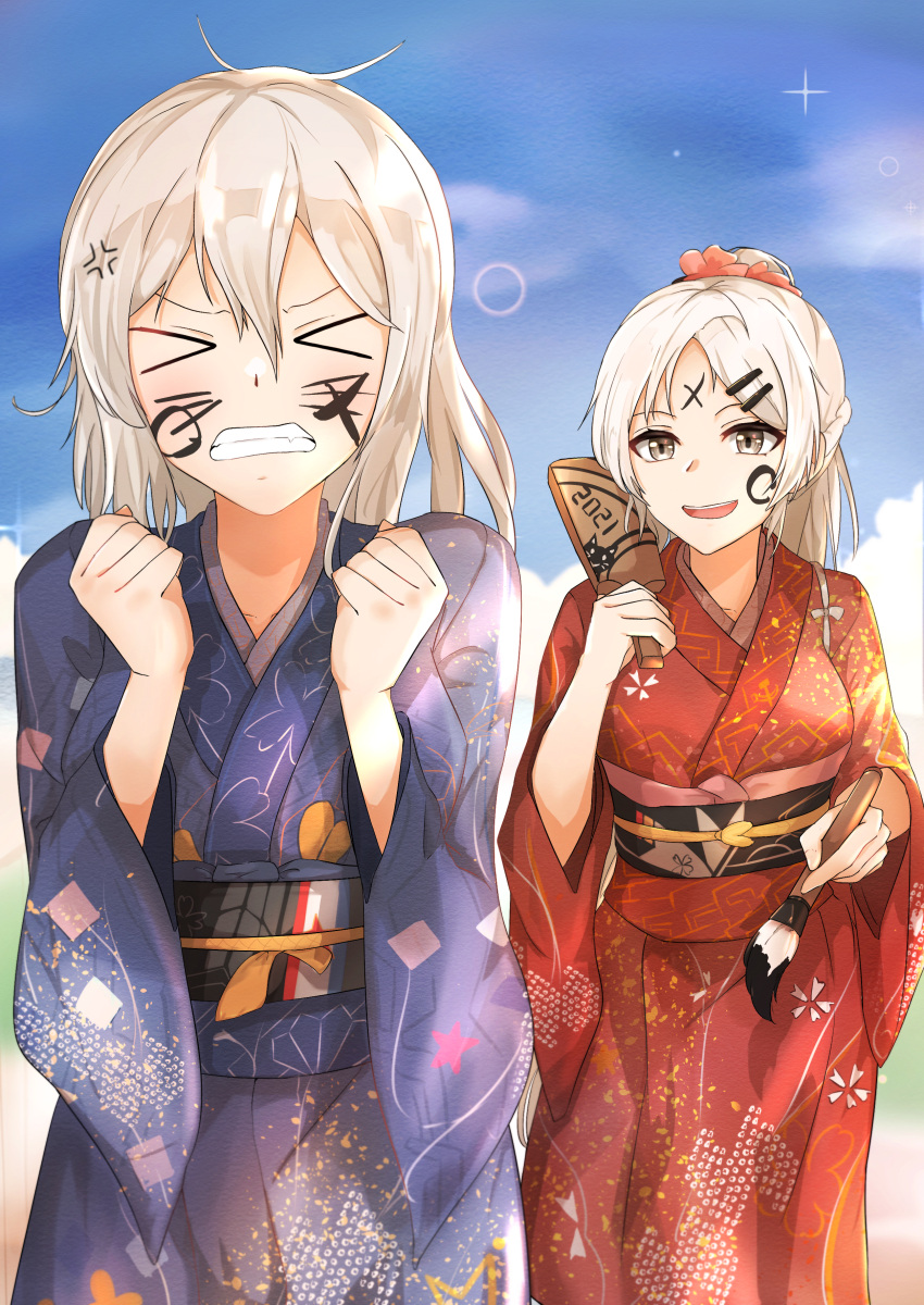 2021 2girls absurdres angry blue_sky closed_eyes commentary commentary_request eyebrows_visible_through_hair girls_frontline grey_eyes grey_hair hair_ornament hair_ribbon hands_up happy_new_year highres holding ink japanese_clothes kimono long_hair looking_at_another multiple_girls muteppona_hito new_year open_mouth painted red_ribbon ribbon silver_hair simple_background sky smile svd_(girls_frontline) tassel zas_m76_(girls_frontline)