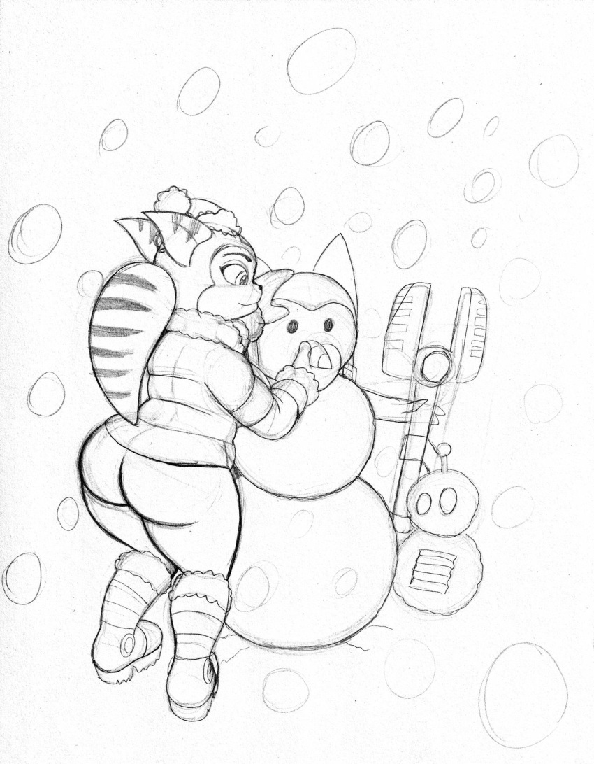 alien angela_cross anthro arched_back big_breasts big_butt boots breasts butt carrot clothing curvaceous curvy_figure felid feline female food footwear fur fur_trim_(clothing) gloves hair handwear hi_res jumpsuit lombax mammal omegasunburst plant ponytail ratchet_and_clank sketch snow snowman solo sony_corporation sony_interactive_entertainment stripes thick_thighs tools vegetable video_games voluptuous weapon wide_hips winter winter_clothing winter_coat wrench