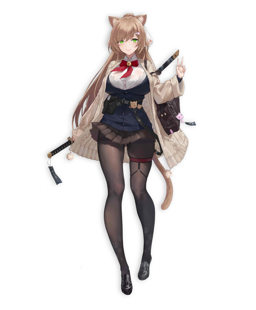 1girl absurdres animal_ears bra bra_peek breasts brown_legwear cardigan cat_ears cat_tail closed_mouth full_body green_eyes hair_ornament hairclip highres katana large_breasts light_brown_hair loafers long_hair long_sleeves miniskirt ng_jie original pantyhose pleated_skirt ponytail school_uniform see-through shoes simple_background skindentation skirt smile solo standing sword tail thigh_strap thighband_pantyhose underwear w weapon white_background