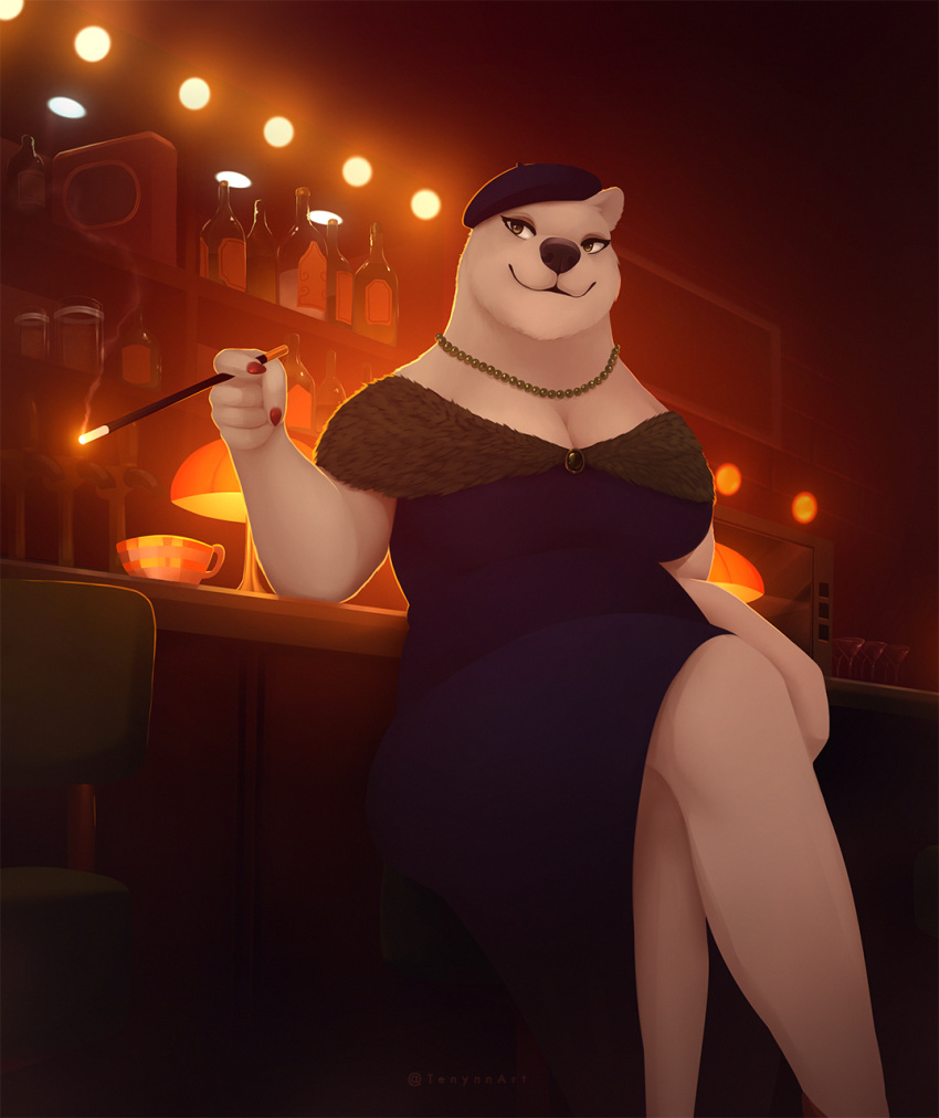 alcohol anthro backbone_(game) bar barstool beret beverage big_breasts breasts brown_eyes cigarette_holder clarissa_bloodworth cleavage clothed clothing crossed_legs curvy_figure detailed_background eyeshadow female fur gem hat headgear headwear hi_res inside jewelry makeup mammal mature_female necklace painted_claws pearl_(gem) pearl_necklace polar_bear sitting slit_dress smile solo tenynn ursid ursine voluptuous white_body white_fur