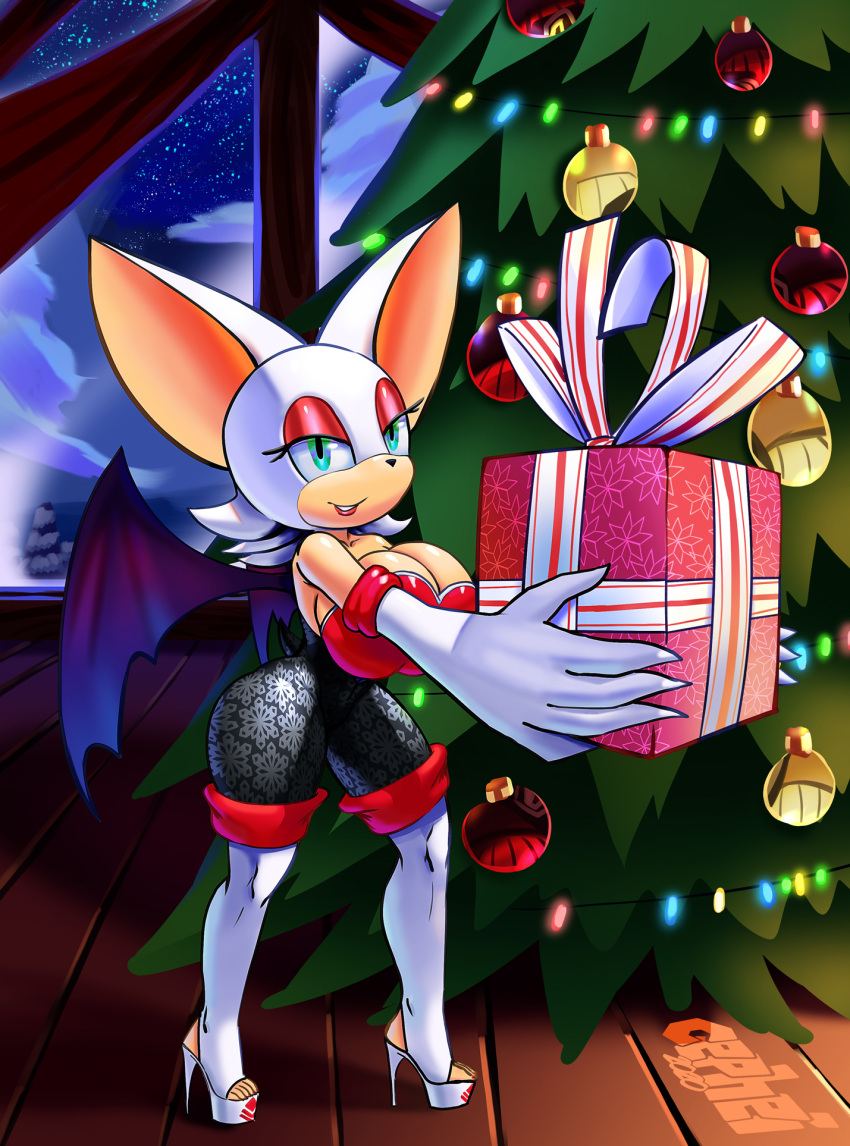 anthro big_breasts boots breasts cabin cephei chiropteran christmas christmas_tree clothing female fireplace footwear gift hi_res high_heels holding_object holidays huge_breasts legwear looking_at_viewer mammal night open_toe_footwear plant platform_footwear platform_heels rouge_the_bat shoes smile solo sonic_the_hedgehog_(series) star thick_thighs thigh_boots thigh_highs tree wide_hips