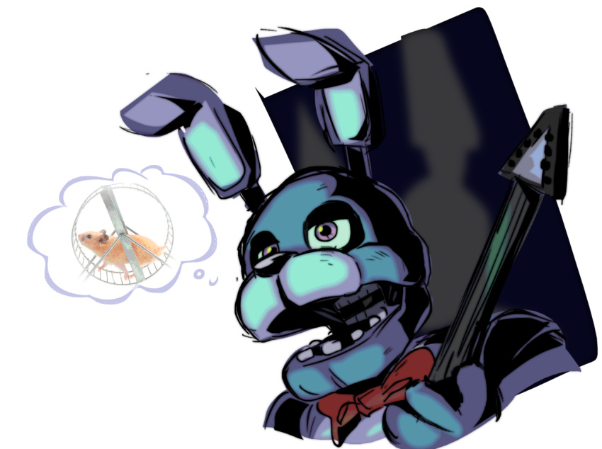 2021 ambiguous_gender animatronic anthro blue_body bonnie_(fnaf) bow_tie cricetid digital_media_(artwork) duo feral five_nights_at_freddy's fur guitar hamster lagomorph leporid looking_away machine male mammal mixed_media musical_instrument open_mouth orange_body orange_fur photo plucked_string_instrument purple_eyes rabbit real robot rodent skylordlysander string_instrument thinking thought_bubble video_games
