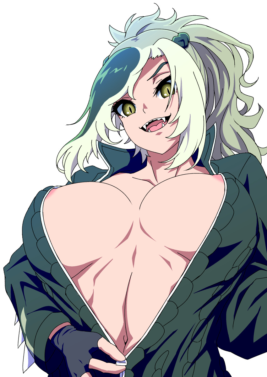 1girl absurdres areola_slip areolae asymmetrical_hair black_gloves braid breasts breasts_apart collarbone covered_nipples fangs fingerless_gloves french_braid from_below full-length_zipper gloves green_eyes green_hair green_jacket high_ponytail highres jacket kemono_friends large_breasts long_hair long_sleeves looking_at_viewer looking_down mamiyama multicolored_hair navel no_bra open_mouth partially_unzipped saltwater_crocodile_(kemono_friends) simple_background slit_pupils smile solo spiked_jacket spikes stomach teeth toned tongue undressing unzipping upper_body v-shaped_eyebrows white_background zipper zipper_pull_tab