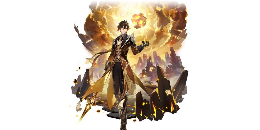 1boy artist_request bangs black_gloves black_hair brown_hair closed_mouth cloud cloudy_sky collared_shirt earrings eyeliner formal genshin_impact gloves gradient_hair hair_between_eyes highres holding holding_spear holding_weapon jacket jewelry light long_hair long_pants long_sleeves looking_at_viewer makeup male_focus meteor mountain mountainous_horizon multicolored_hair necktie official_art pants polearm ponytail rock shirt shoes single_earring sky solo spear suit tassel tassel_earrings transparent_background tree weapon yellow_eyes zhongli_(genshin_impact)